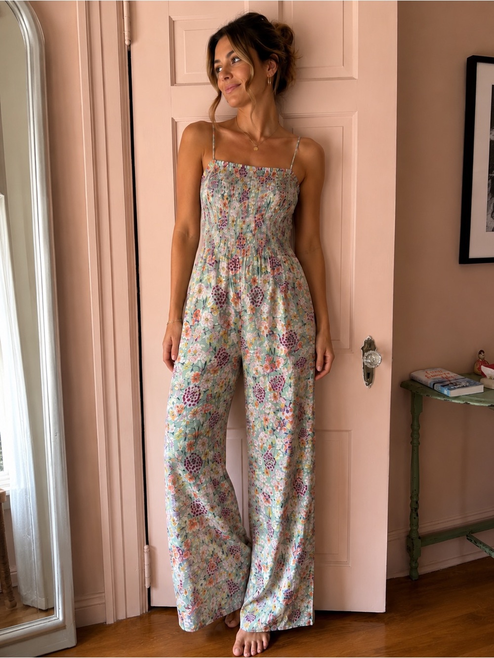 Zara Pastel Floral Smocked Wide-Leg Jumpsuit
